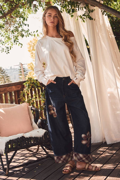 Plaid Flower Denim Pants