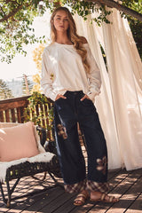 Plaid Flower Denim Pants