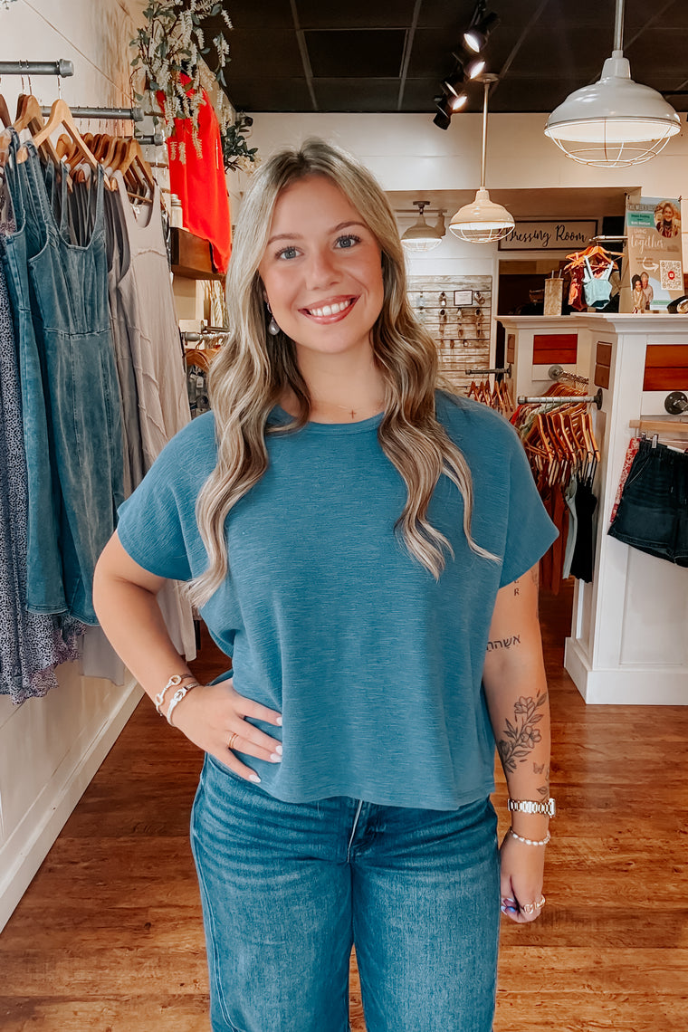 Slub Knit Boxy Tee - Dusty Blue