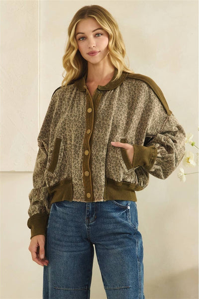 Washed Leopard Print Bomber Jacket