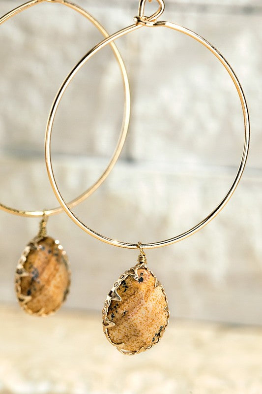 Natural Stone Tear Drop Earrings - Picture Jasper