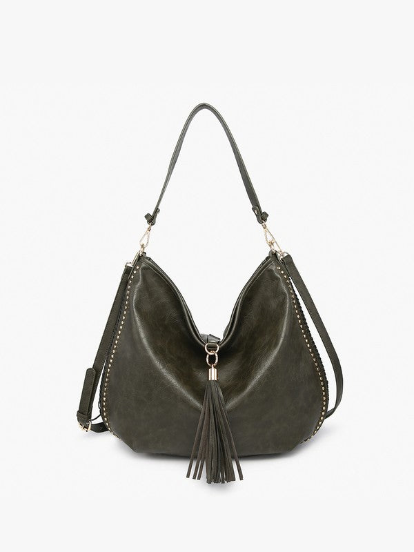 Slouchy Hobo Handbag With Tassel - Dark Olive