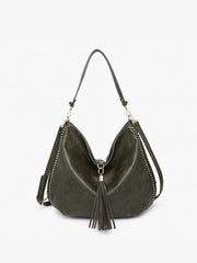 Slouchy Hobo Handbag With Tassel - Dark Olive