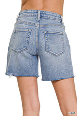Mid Rise Raw Hem Denim Shorts