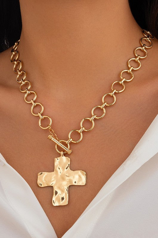 Hammered Cross Necklace - Gold
