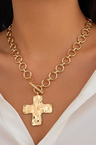 Hammered Cross Necklace - Gold
