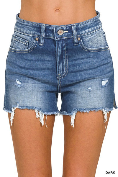 Frayed Hem Side Slit Denim Shorts