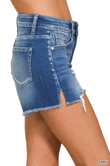 Frayed Hem Side Slit Denim Shorts