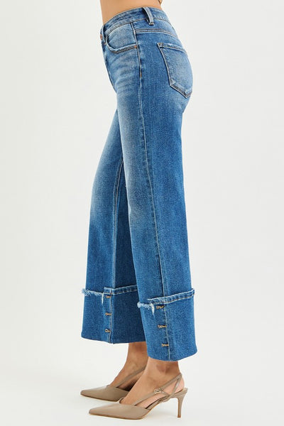 Risen Wide Leg Cuff Button Detail Jean