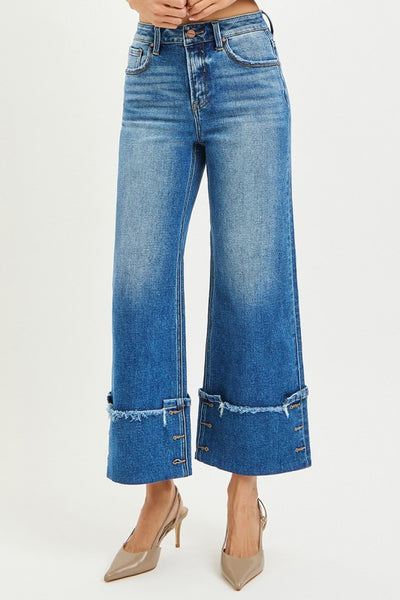 Risen Wide Leg Cuff Button Detail Jean
