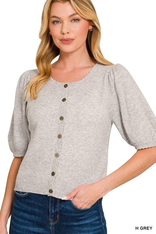 Maria Puff Sleeve Cardigan - Heather Grey