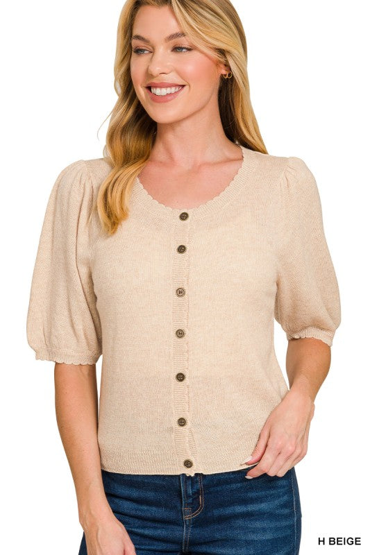 Maria Puff Sleeve Cardigan - Heather Beige