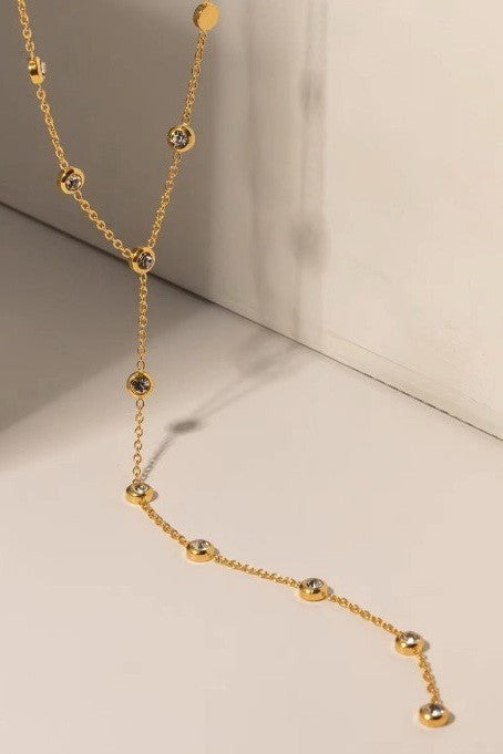 Rhinestone Y Necklace - 18K Gold Plated