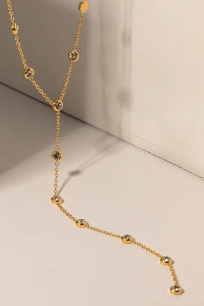 Rhinestone Y Necklace - 18K Gold Plated