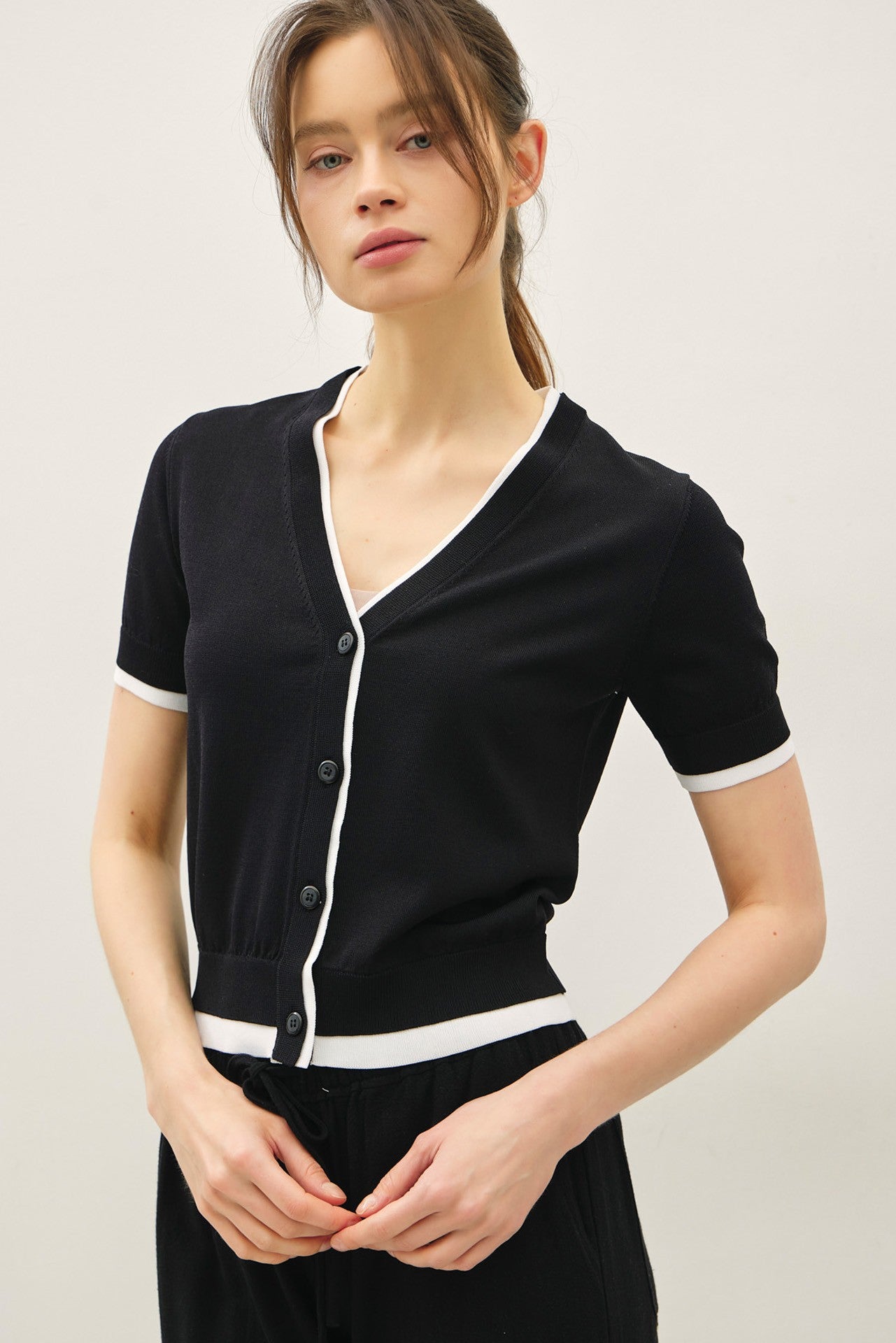 Double Layer Short Sleeve Cardigan - Black