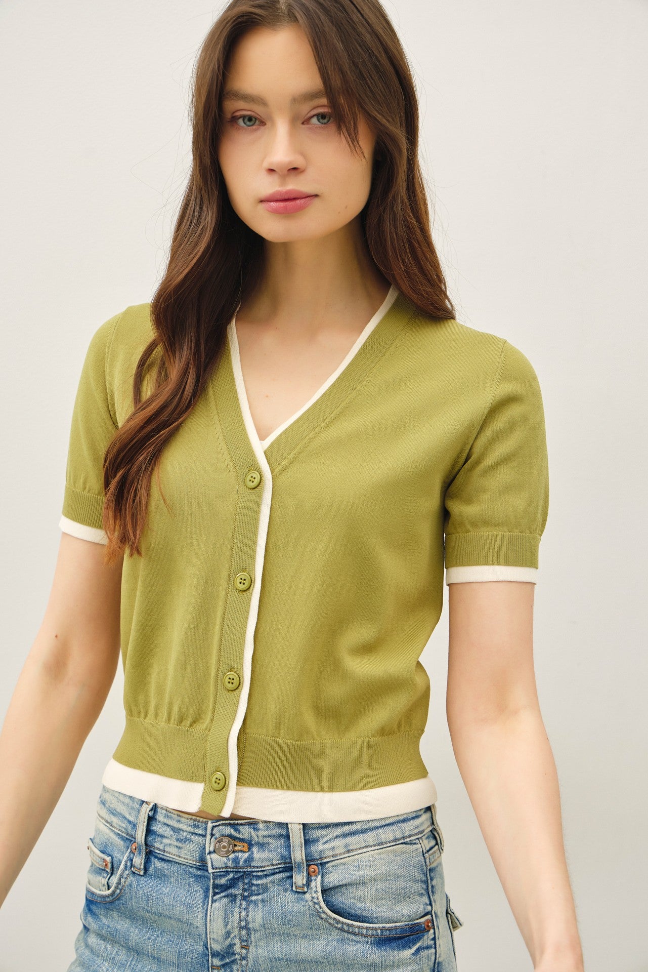 Double Layer Short Sleeve Cardigan - Avocado Green