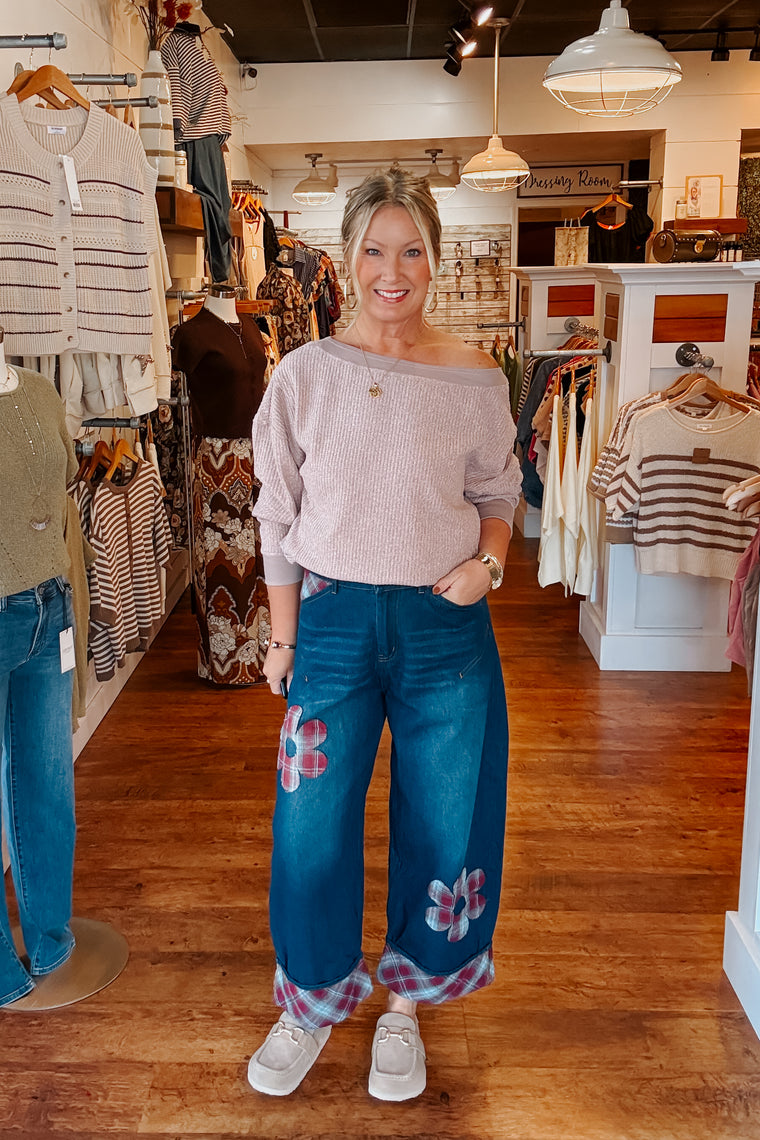 Plaid Flower Denim Pants