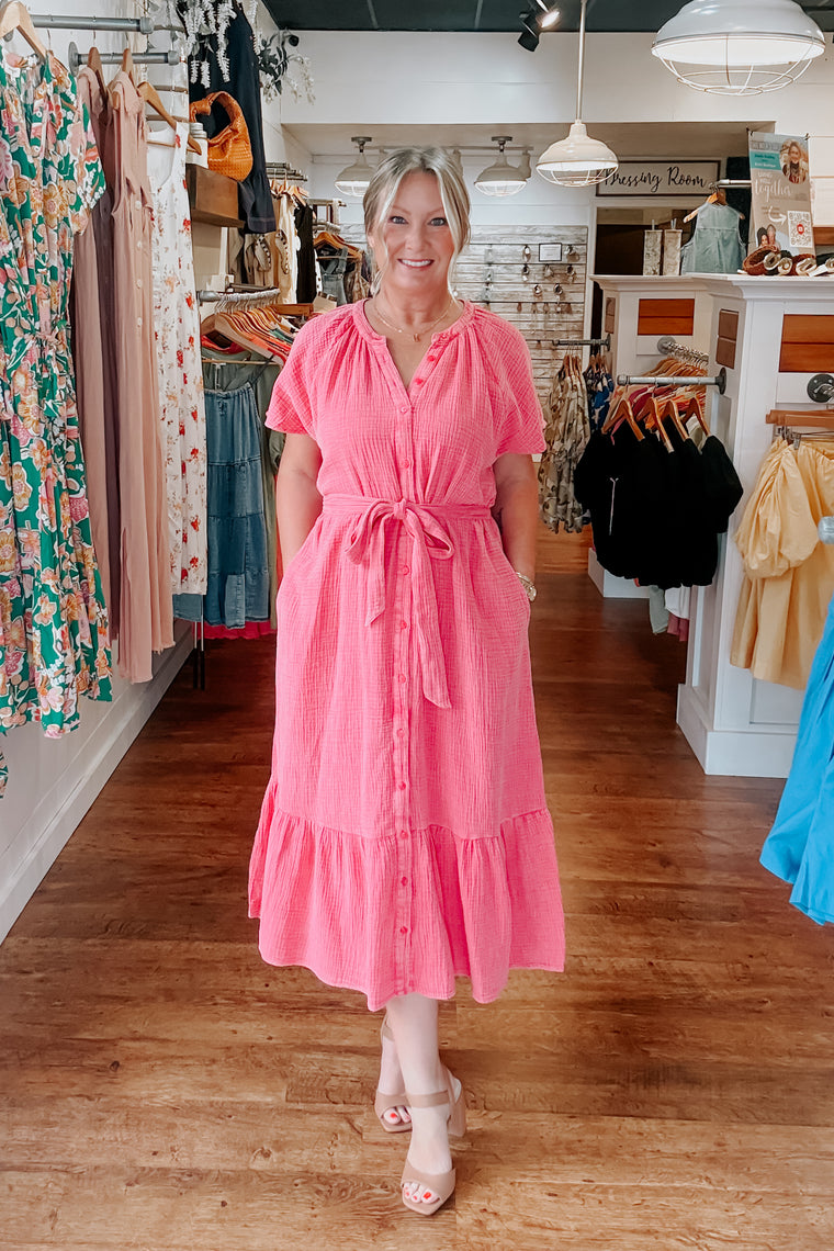 Carolina Button Down Dress - Hot Pink