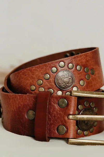 Handcrafted Leather Belt With Coins & Studs - Brown