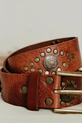 Handcrafted Leather Belt With Coins & Studs - Brown