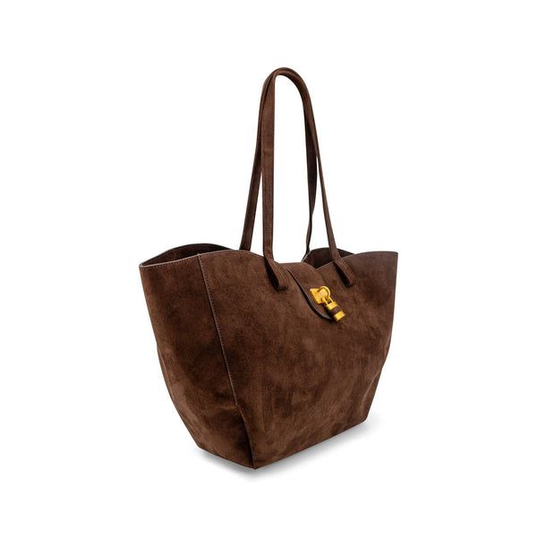 Harper Lock Faux Suede Tote Bag - Chocolate