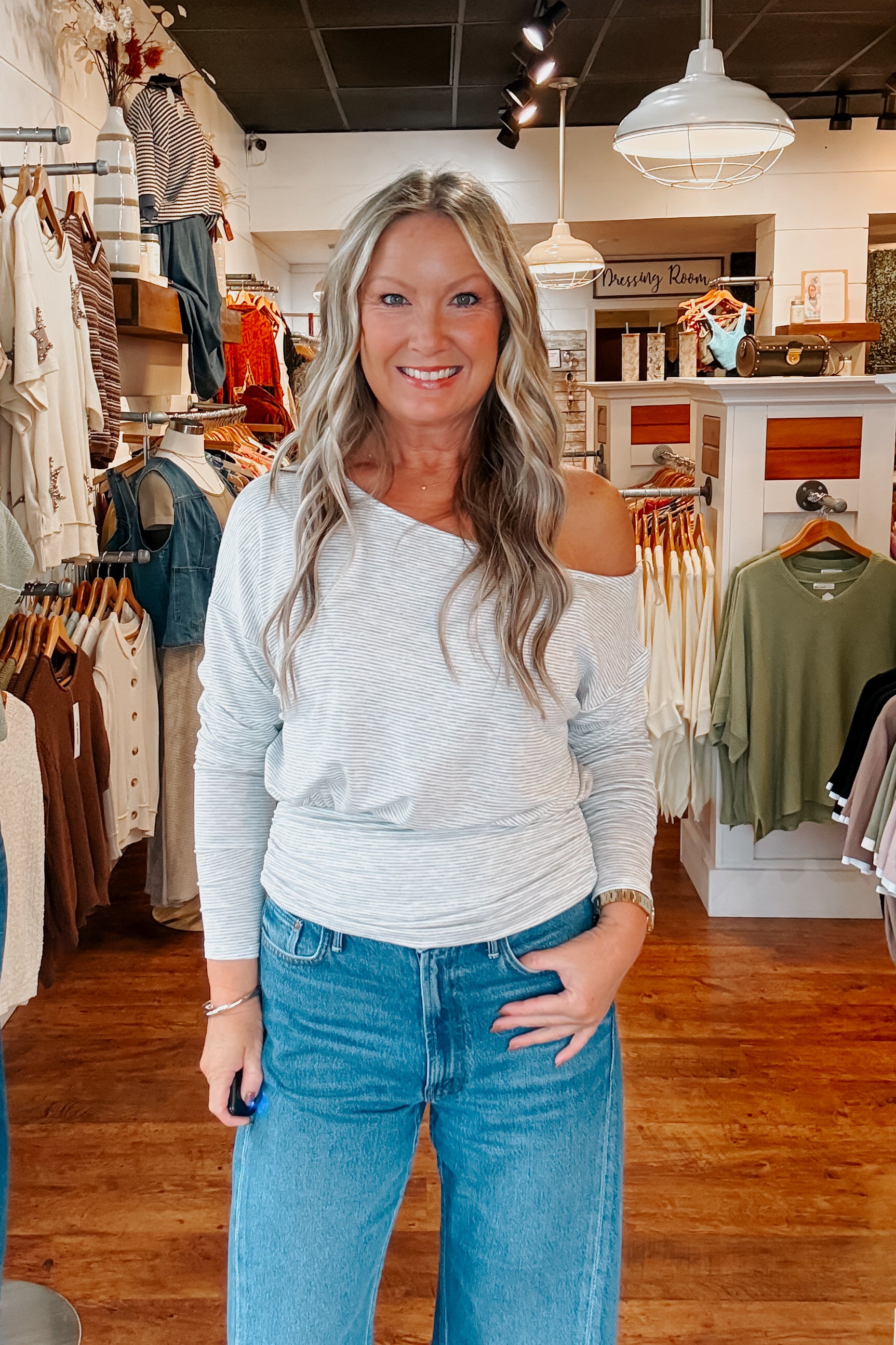 Kora One Shoulder Striped Top - Heather Grey