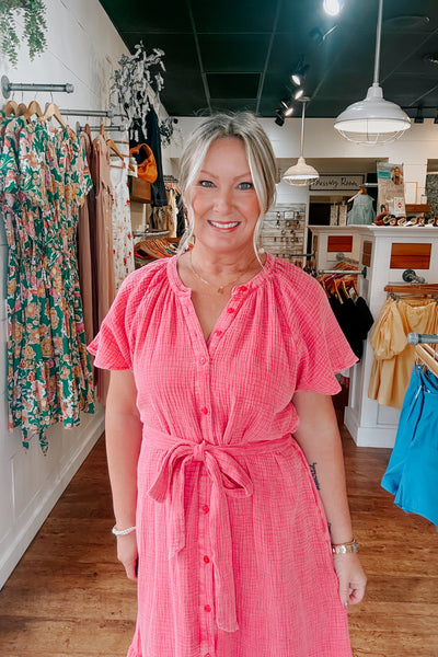 Carolina Button Down Dress - Hot Pink