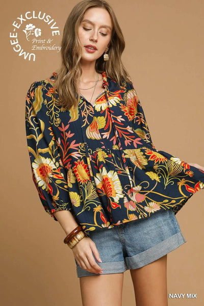 Mica Floral Top - Navy