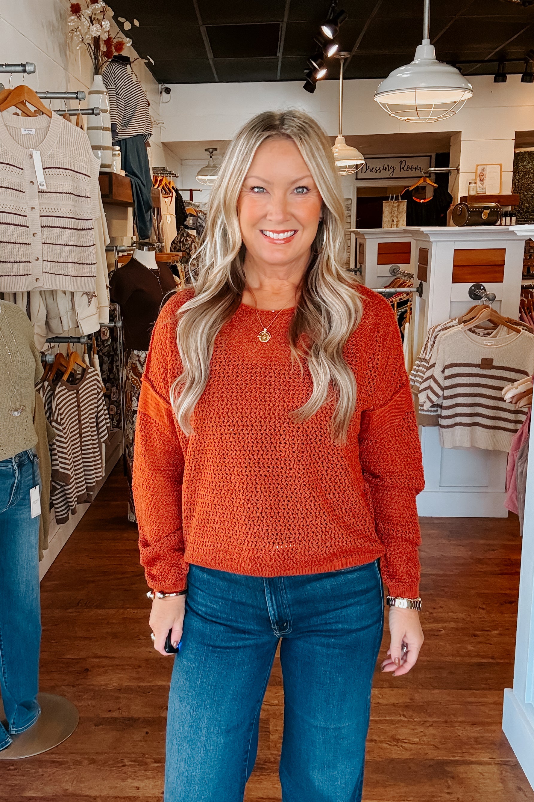 Open Knit Drop Shoulder Pullover - Baked Clay