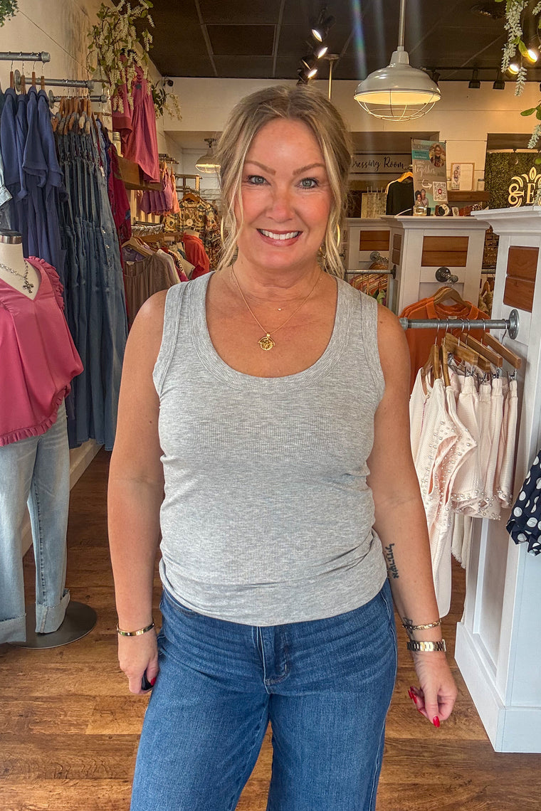 Ribbed Scoop Neck Tank Top - Heather Grey