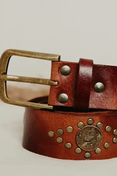 Handcrafted Leather Belt With Coins & Studs - Brown