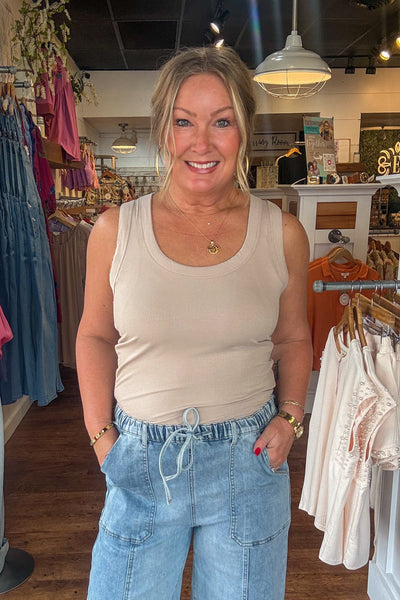 Ribbed Scoop Neck Tank Top - Light Mocha