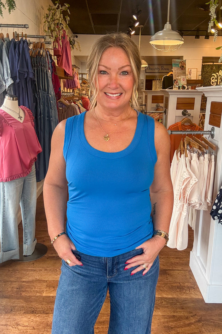 Ribbed Scoop Neck Tank Top - Ocean Blue