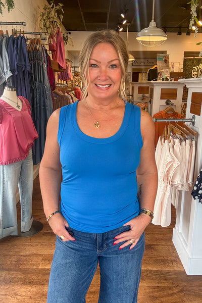 Ribbed Scoop Neck Tank Top - Ocean Blue
