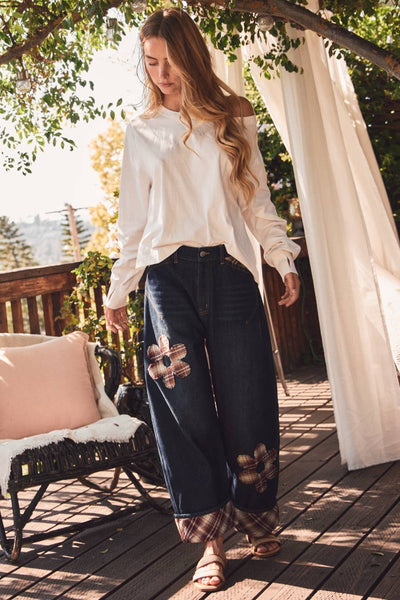 Plaid Flower Denim Pants