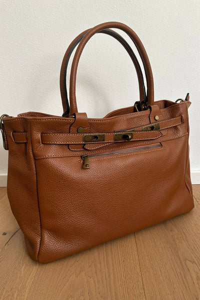 Carly Genuine Leather Handbag -  Cognac