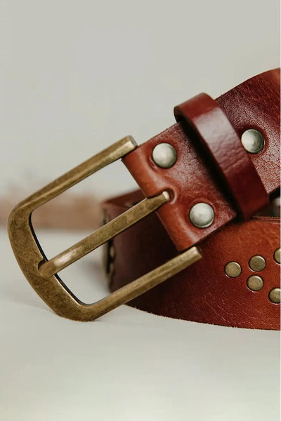 Handcrafted Leather Belt With Coins & Studs - Brown