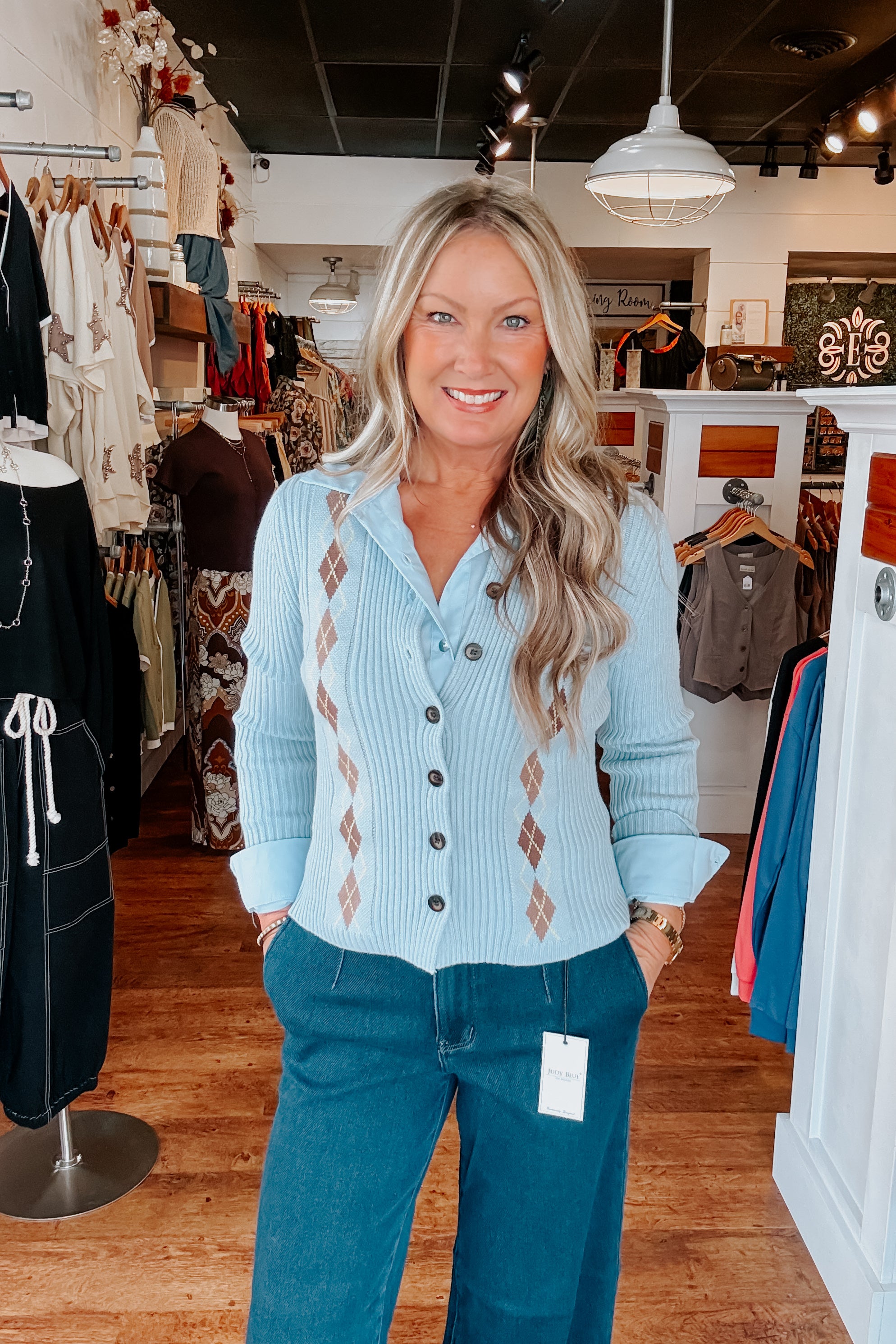 Argyle Button Cardigan - Blue