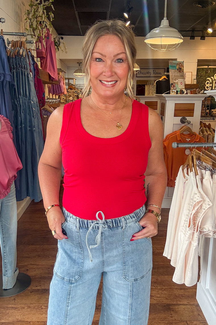 Ribbed Scoop Neck Tank Top -Ruby