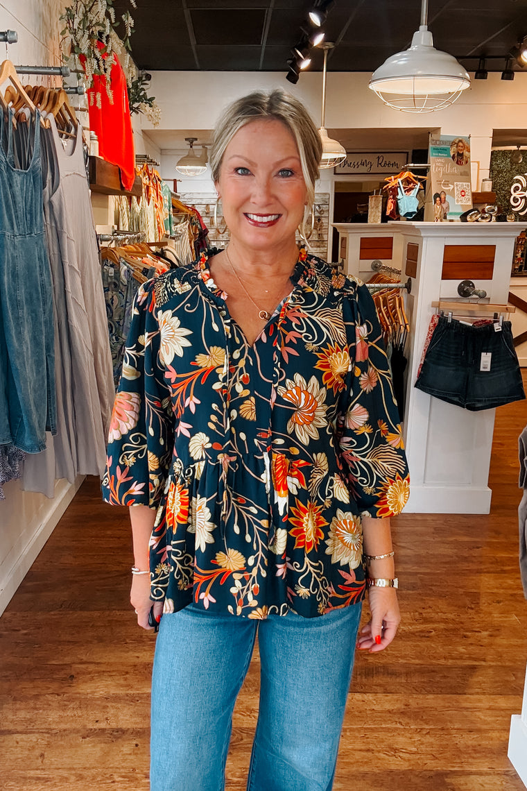 Mica Floral Top - Navy