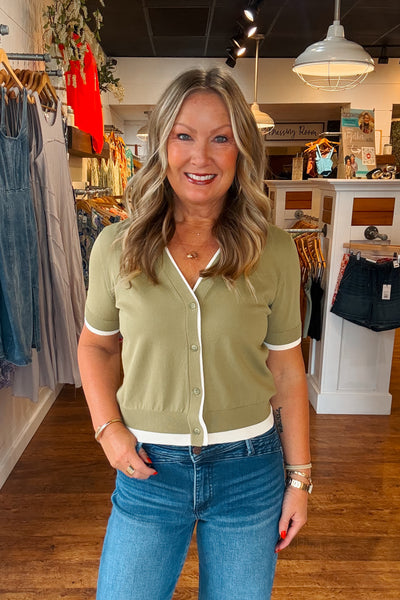 Double Layer Short Sleeve Cardigan - Avocado Green