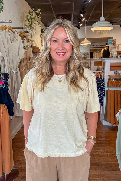 Teagan Frayed Ruffle Top - Vanilla