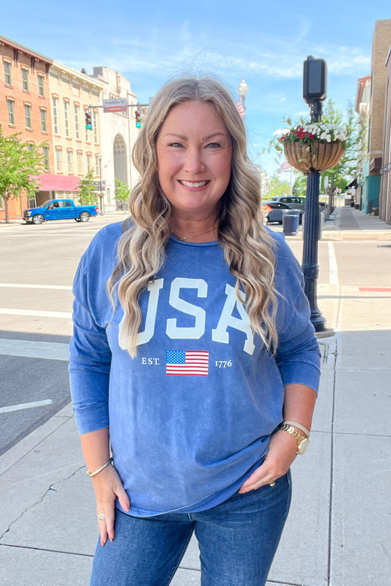USA Mineral Washed Long Sleeve Graphic Top