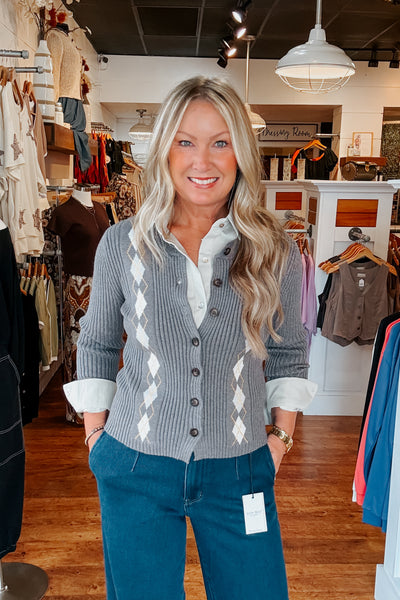 Argyle Button Cardigan - Charcoal