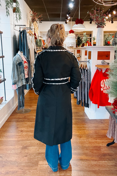 Tweed Trimmed Trench Coat - Black