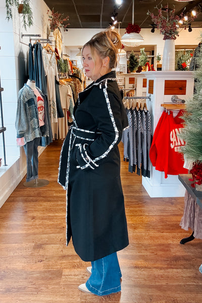 Tweed Trimmed Trench Coat - Black