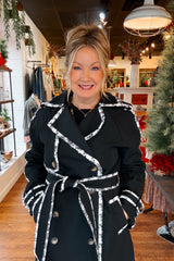 Tweed Trimmed Trench Coat - Black