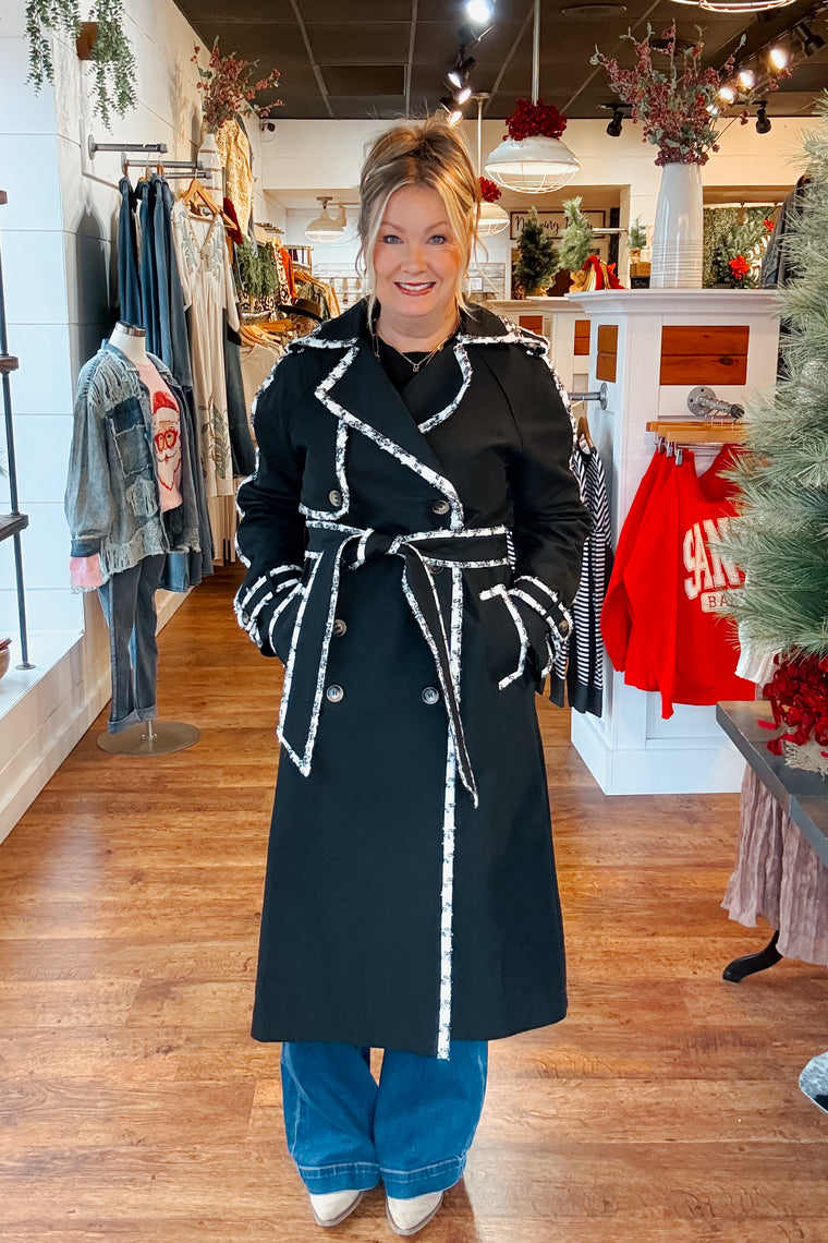 Tweed Trimmed Trench Coat - Black