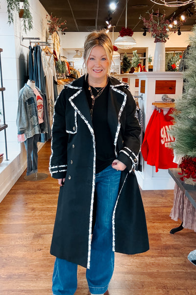 Tweed Trimmed Trench Coat - Black