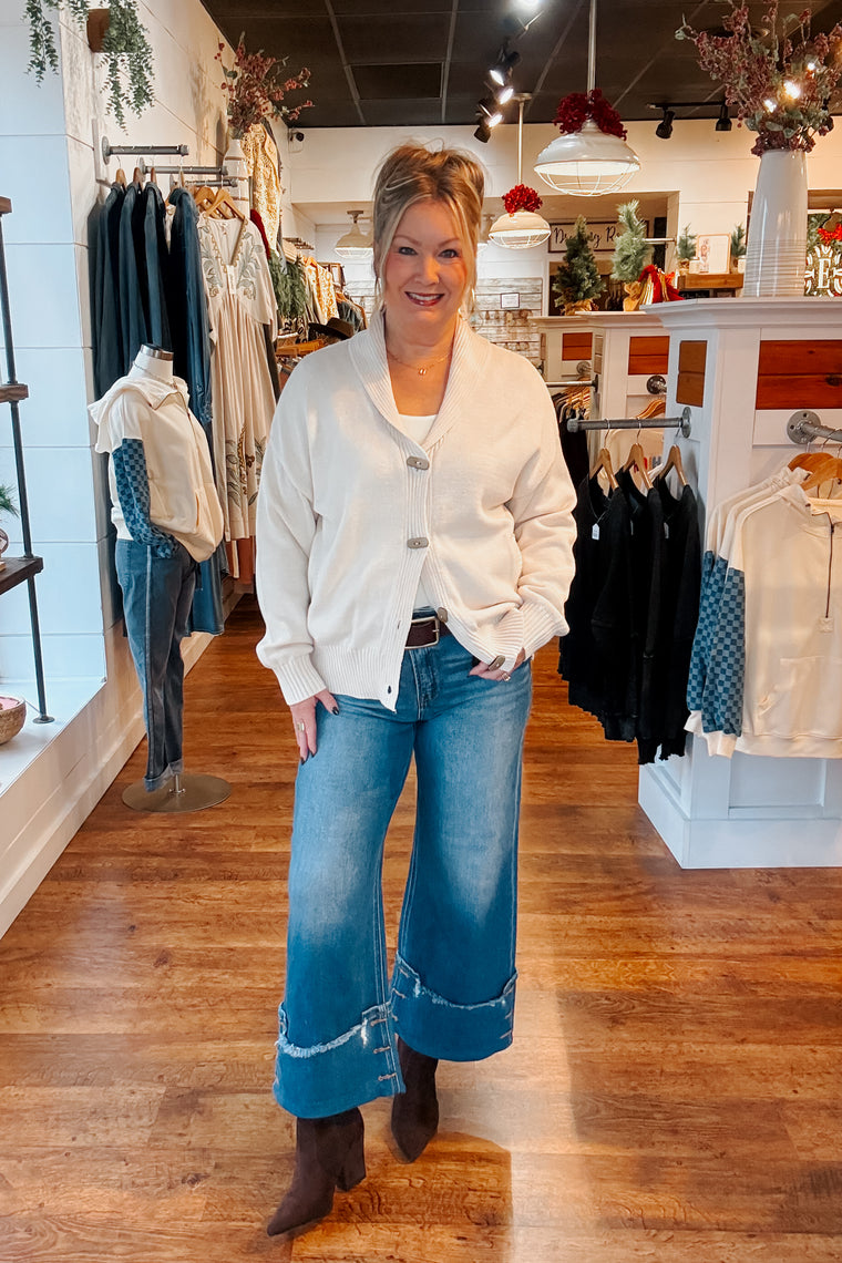 Risen Wide Leg Cuff Button Detail Jean